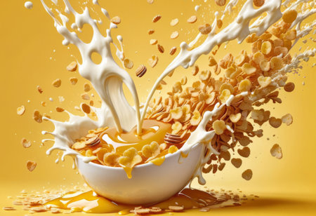 cornflakes in a bowl,milk pouring on cereal,empty space for text isolated on yellow background,plate of cornflakes,healthy breakfast concept,top viewの素材