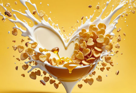 cornflakes in a bowl,milk pouring on cereal,empty space for text isolated on yellow background,plate of cornflakes,healthy breakfast concept,top viewの素材