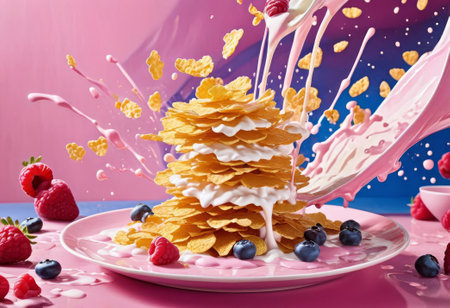 Ingredients for breakfast fly into a plate. Splashing milk from a white plate. Cereal with strawberries, blackberries, blueberries and sweets.の素材