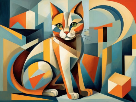 colorful cat head with cool isolated background in pop art style. colorful art imageの素材