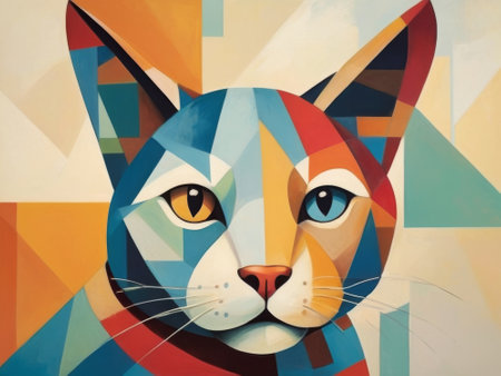 colorful cat head with cool isolated background in pop art style. colorful art imageの素材