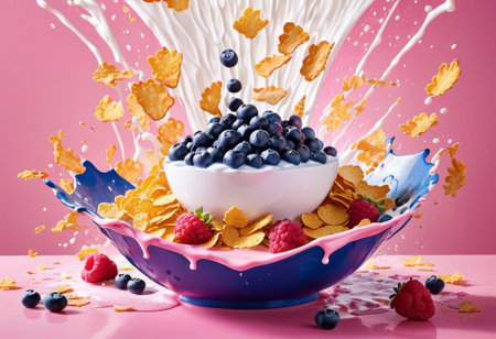 Ingredients for breakfast fly into a plate. Splashing milk from a white plate. Cereal with strawberries, blackberries, blueberries and sweets.の素材