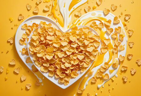 cornflakes in a bowl,milk pouring on cereal,empty space for text isolated on yellow background,plate of cornflakes,healthy breakfast concept,top viewの素材