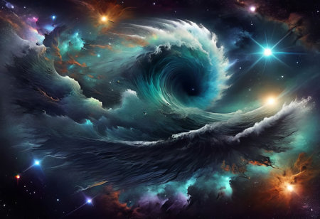 art cosmic watercolor illustration. Colorful space background with starsの素材