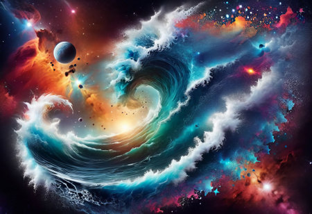 art cosmic watercolor illustration. Colorful space background with starsの素材