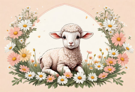 Funny cartoon character. Spring sheep in red and white flowers. Spring picture for children.の素材