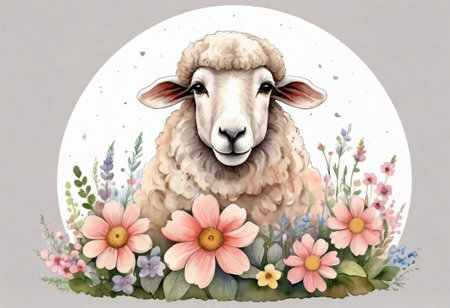 Funny cartoon character. Spring sheep in red and white flowers. Spring picture for children.の素材