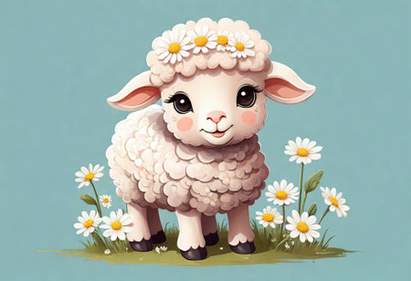 Funny cartoon character. Spring sheep in red and white flowers. Spring picture for children.の素材