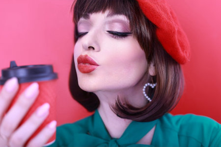 Woman with cup of coffee, tea or hot chocolate, against the red background