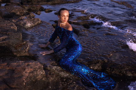 A woman in a blue shiny dress lies in the water.glamorous mermaid