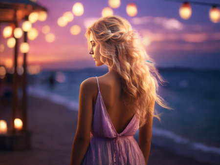 Seascape during golden sunrise with beautiful sky. Woman on the beach. Young happy woman in a yellow fluttering dress walks along seashore. The girl looks at the magical sunrise. Above view. Top viewの素材