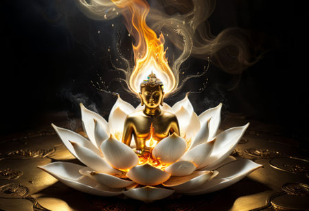 Buddha statue water lotus Buddha standing on lotus flower on orange background. Silhouette of Buddha in lotus positionの素材