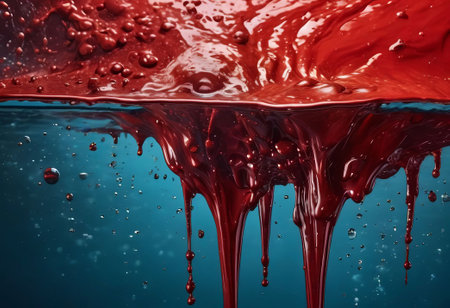 Blood red cloud of ink in the sea. Stunning abstract background. Drops of red ink in water. Red watercolor ink in water on a white background. Colored acrylic paints in water.の素材