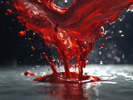 Blood red cloud of ink in the sea. Stunning abstract background. Drops of red ink in water. Red watercolor ink in water on a white background. Colored acrylic paints in water.の素材