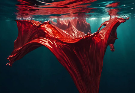 Blood red cloud of ink in the sea. Stunning abstract background. Drops of red ink in water. Red watercolor ink in water on a white background. Colored acrylic paints in water.の素材