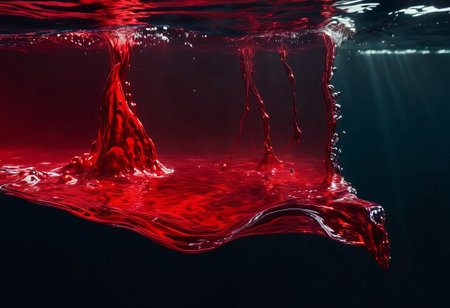 Blood red cloud of ink in the sea. Stunning abstract background. Drops of red ink in water. Red watercolor ink in water on a white background. Colored acrylic paints in water.の素材