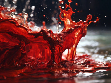 Blood red cloud of ink in the sea. Stunning abstract background. Drops of red ink in water. Red watercolor ink in water on a white background. Colored acrylic paints in water.の素材
