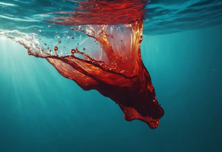Blood red cloud of ink in the sea. Stunning abstract background. Drops of red ink in water. Red watercolor ink in water on a white background. Colored acrylic paints in water.の素材