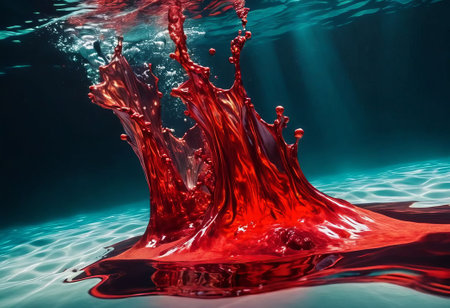 Blood red cloud of ink in the sea. Stunning abstract background. Drops of red ink in water. Red watercolor ink in water on a white background. Colored acrylic paints in water.の素材