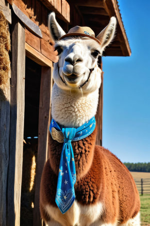 Cute cartoon llama cowboy. art illustration of an animal in the wild west. Desert landscape with mountains and cactuses.の素材