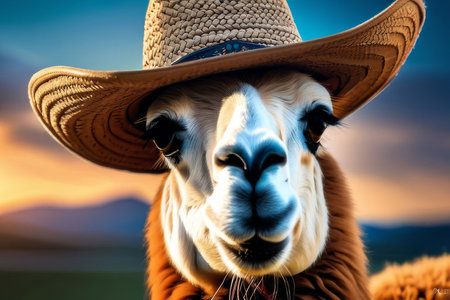 Cute cartoon llama cowboy. art illustration of an animal in the wild west. Desert landscape with mountains and cactuses.の素材