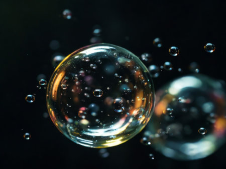 BUBBLES ISOLATED ON BLACK BACKGROUND.soup bubbles isolated on black backgroundの素材