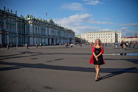 a beautiful girl walks in the city centerの写真素材