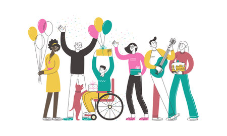 Disabled people vector illustration. People in wheelchair holding balloons and celebrating birthday.のイラスト素材