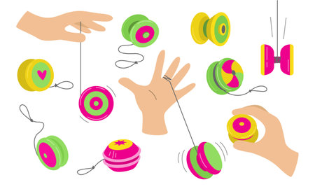 Isolated set of yo yo toys on a white background. The hand is playing with a toy. Fun and play. Vector flat illustrationのイラスト素材