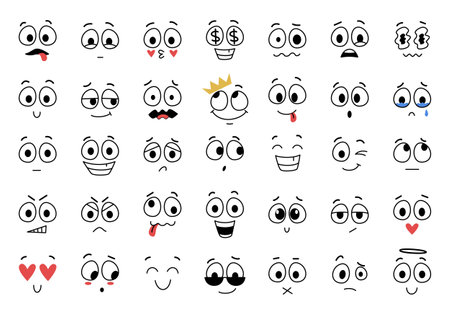 Vector set of cartoon faces. Expressive eyes and mouth, crying, smiling and surprised facial expressions of the character. Cartoon comic emotions or doodleのイラスト素材