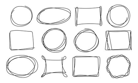 Vector doodles of different shapes. Square, circle, oval, rectangle, frame. Design elementのイラスト素材