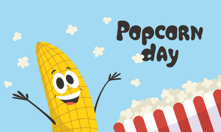 National Popcorn Day banner. Cheerful funny corn cob scatters popcorn. Vector cartoon illustrationのイラスト素材