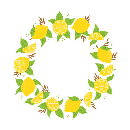 Summer wreath of lemons and leaves. Fruits, citruses, frame. Freehand vector illustration isolated on white backgroundのイラスト素材