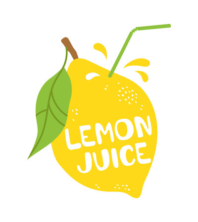 Lemon juice. Full lemon with straw and juice splash. Vector illustration isolatedのイラスト素材