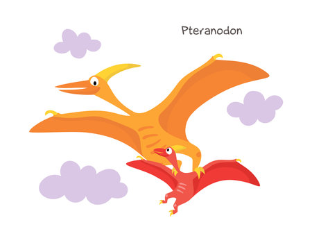 Vector cartoon dinosaur with baby isolated on white background. Pteranodon.のイラスト素材