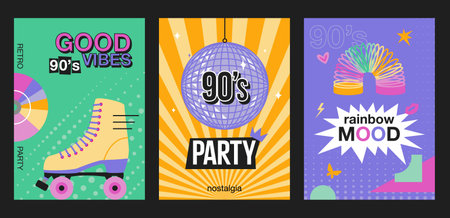 Set of retro posters. Back to the 90s, nostalgic party, vibes, mood. Vector design for brochure, post, postcard for eventのイラスト素材