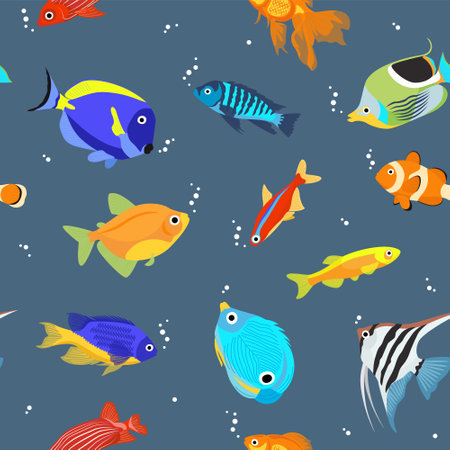 Seamless pattern of freshwater aquarium cartoon fish. Varieties of decorative popular colored fish. Vector flat illustrationのイラスト素材