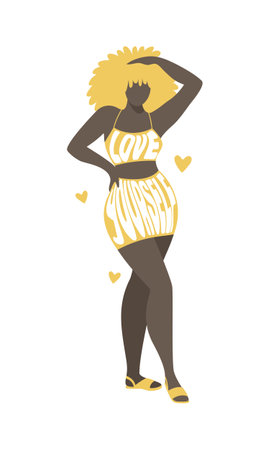 Curvy black woman in tight clothes with text slogan Love yourself. Body positive concept. Hand drawn vector illustration isolatedのイラスト素材