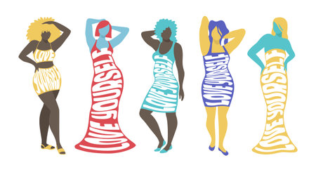 Set of curvy woman in tight clothes with text slogan Love yourself. Diversity. Body positive concept. Hand drawn vector illustration isolatedのイラスト素材