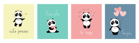 Set of cute postcards with panda. Vector flat cartoon illustrationのイラスト素材