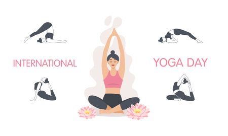 International day of yoga. 21st of June. Woman in the lotus position. Different yoga poses, lotus flower. Vector bannerのイラスト素材