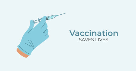A hand in a medical glove holds a bottle of vaccine. Vaccination. Medical banner. Saves lives. Vector illustrationのイラスト素材
