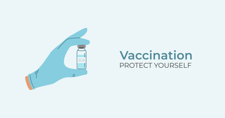 A hand in a medical glove holds a bottle of vaccine. Vaccination. Medical banner. Protect yourself. Vector illustrationのイラスト素材