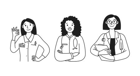 Women Physicians. Doctor. Diversity women in different poses. Vector linear doodle illustrationのイラスト素材