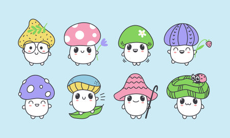 Set of kawaii mushrooms different characters. Cute cartoon stickers. Vector isolated illustrationのイラスト素材