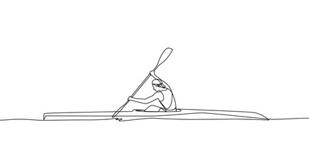 A single continuous line drawing of a man overcoming the distance on a canoe. Canoe flatwater, canoe sprint. One line drawing vector illustrationのイラスト素材