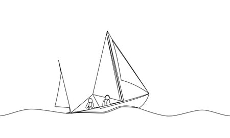 Continuous line drawing of a boat in a sailing regatta. Yacht on the waves. Vector line art illustration, outlineのイラスト素材