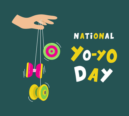National Yo-Yo Day. Banner. Hand plays yo-yo. Fun and play. Vector flat illustrationのイラスト素材