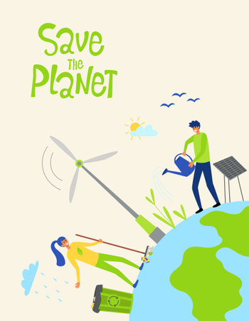 Save planet earth. Earth Day. People clean up and take care of the planet. Planting and watering plants. Vector template for card, poster, banner, flyerのイラスト素材