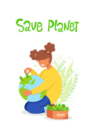 Save our planet, earth, ecology, environmental protection, earth day. The girl holds the planet on her knees, saaya plants on it. Vector flat illustration with hand letteringのイラスト素材